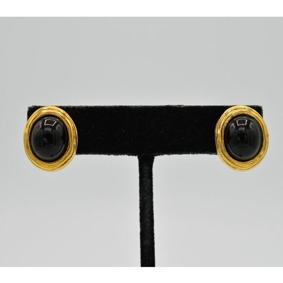 Givenchy Vintage Cabochon Earrings Stud Brushed Gold Black Signed 1980s BinC - Picture 1 of 9